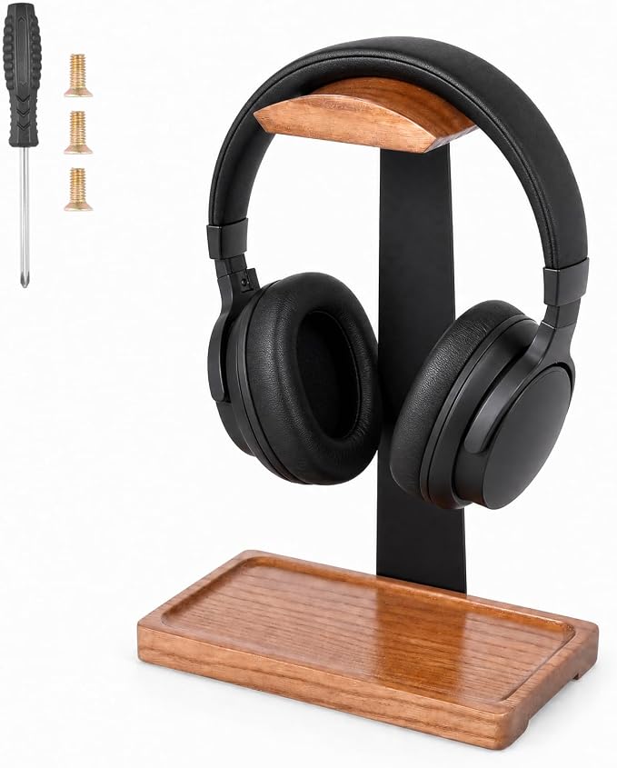 Walnut Headphone Stand, Wooden Headset Stand for Desk, Wood Gaming Headphone Holder with Storage Base Present for Men Brown or Black(Brown)
