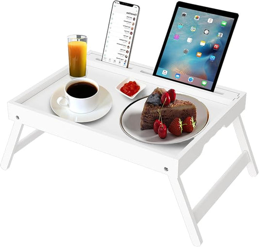 Bed Tray Table with Handles Folding Legs Bamboo Breakfast Food Tray with Media Slot for Platters,Laptop Desk,Snack,TV Tray Kitchen Serving Tray