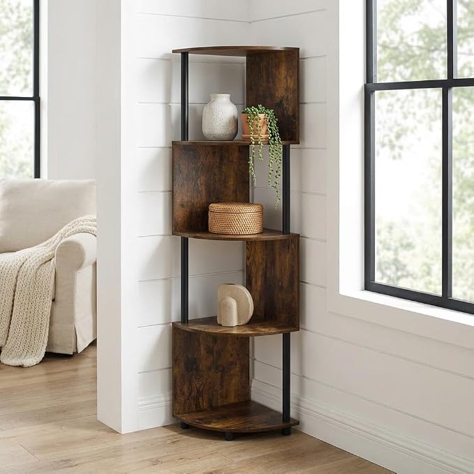 Furnifact Amber Pine Black 4-Tier Zigzag Corner Shelf Bookcase, Elegant Wooden Design, Space-Saving Corner Unit, Durable Construction, Stylish Modern Look