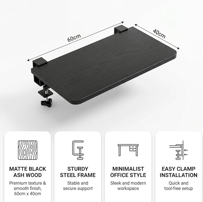Desk Extender , 25.98'' x 9.84 '' Foldable Table Extension Folding Wall Table Keyboard Extender for Desk Clamp-on Shelf for Dorm Bunk, Office, Kitchen Bar, additional storage platforms (black)