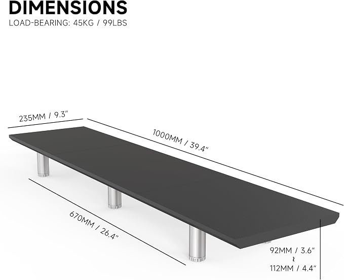 Fenge 39.4 Inch Dual Monitor Stand, Height Adjustable Monitor Riser Stand for Desk, Wooden & Steel Monitor Shelf for 2 Computers up to 99lbs, Stable Desk Organizer for PC Laptop TV, Black