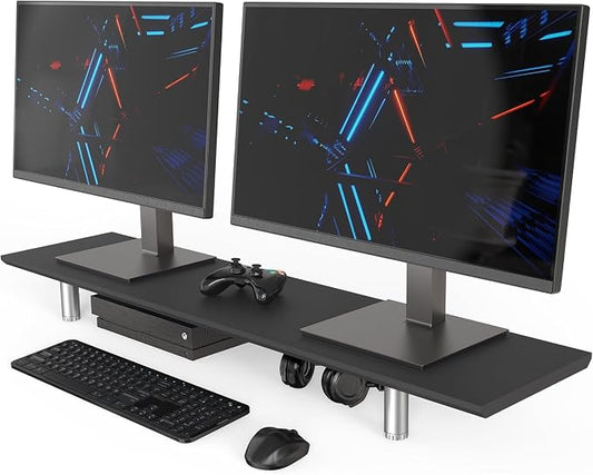 Fenge 39.4 Inch Dual Monitor Stand, Height Adjustable Monitor Riser Stand for Desk, Wooden & Steel Monitor Shelf for 2 Computers up to 99lbs, Stable Desk Organizer for PC Laptop TV, Black