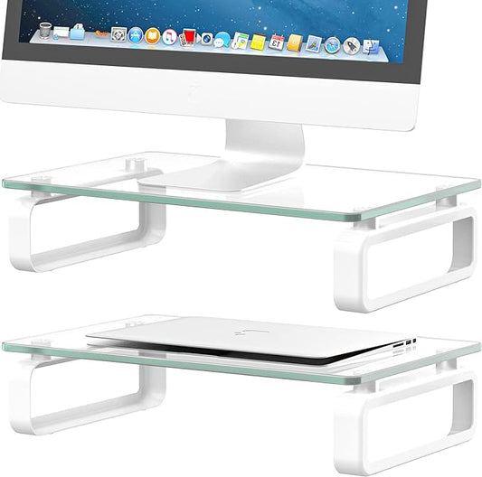Hemudu 2 Pack Computer Monitor Stand Riser Multi Media Desktop Stand for Flat Screen LCD LED TV, Laptop/Notebook, with Tempered Glass and Metal Legs,HD02T-201