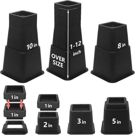 28 Pcs Bed Risers 12 inch Heavy Duty (Set of 4), Adjustable Furniture Risers 1, 2, 3, 4, 5, 6, 7, 8, 9, 10, 11, 12 inch, Black Bed Lifts Risers for Table, Sofa, Desk, Bed Frame Risers