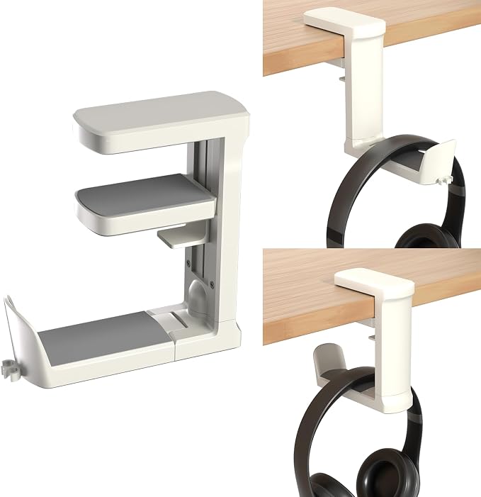 Headphone Hook - Adjustable Clamp-on Headphone Holder, Under Desk Gaming Headset Holder Mount Hook with Rotating Clamp (White)