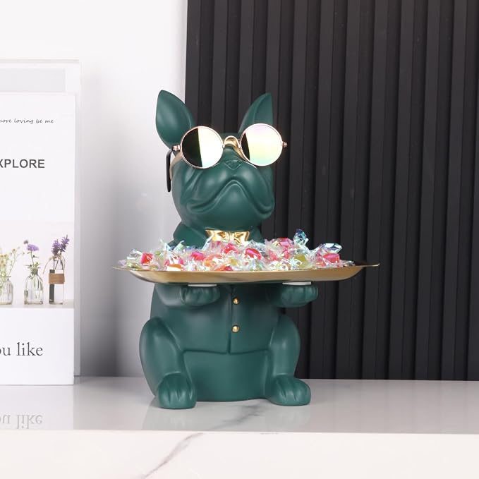 Modern Decor Resin Bulldog Tray Statue Tray Storage Key Holder Candy Jewelry Earrings Tray Suitable for Home Decor Modern Art Dining Table Decor Office Small Object Tray (Green)