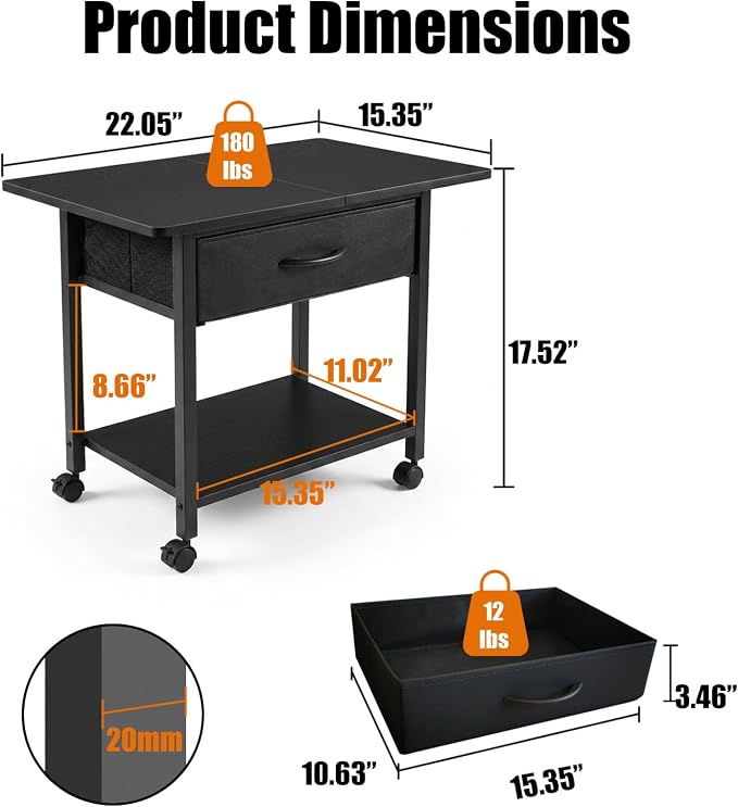 22" x 15" Under Desk Rolling Printer Stand, 2-Tier Industrial Mobile Printer Table with Strong Fabric Drawer, Storage Shelf, Steel Frame and Lockable Wheels, Printer Cart for Home Office (Black)