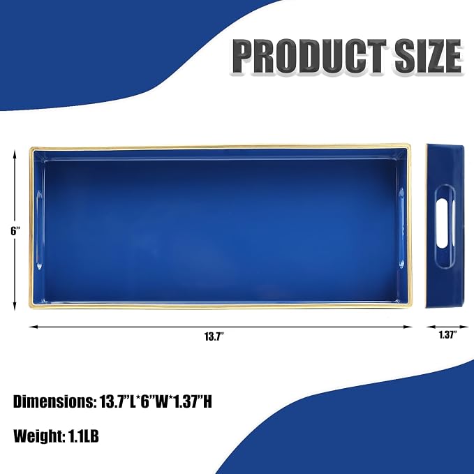 Blue Bathroom Vanity Tray for Countertop, Small Plastic Toilet Tank Versatile Storage & Organization Tray for Makeup, Perfume, Desk, Kitchen, Candles, 13.7"x6"x1.4", 35HB