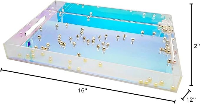 ROYALITA Iridescent Acrylic Serving Tray with Handles 16x12 Inch - Acrylic Tray Bathroom Perfume Tray Spill Proof, Decorative Tray for Ottoman Coffee Table Countertop, Wedding Decor, Office Desk