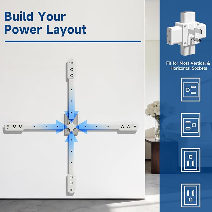 Electrical Outlet Extender Stick -Modular Expandable Wall Outlet Extender with 2 AC Outlets and 3 USB Ports (2 USB-A+1 USB-C)，Adjustable Length for Behind Sofa Behind Furniture Nightstand Desk