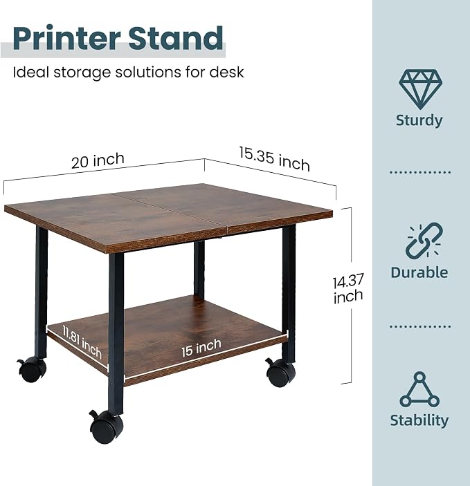 SwaaVee Printer Stand, 2-Tier Under Desk Printer Stand, Printer Cart with Wheels for Home, Office, Heavy-Duty Storage Shelf, Rustic Brown