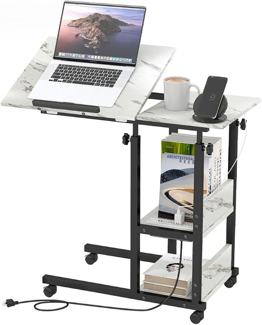 Hadulcet Adjustable C Table with Charging Station, Tiltable Desk C Shaped End Table for Couch, Over Bed Table with Wheels Adjustable Height, Hospital Table Laptop Stand Drawing Desk, Marble White