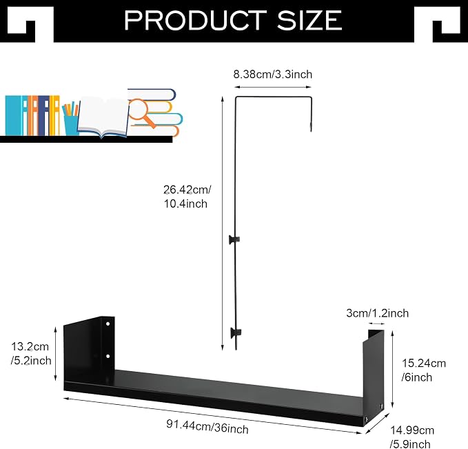 Lineshading Office Cubicle Shelf Storage Organizer Hanging File Organizer Cubicle Hanging Shelf Accessories Storage Bookshelf with Hooks for Home Desk (Black,36")