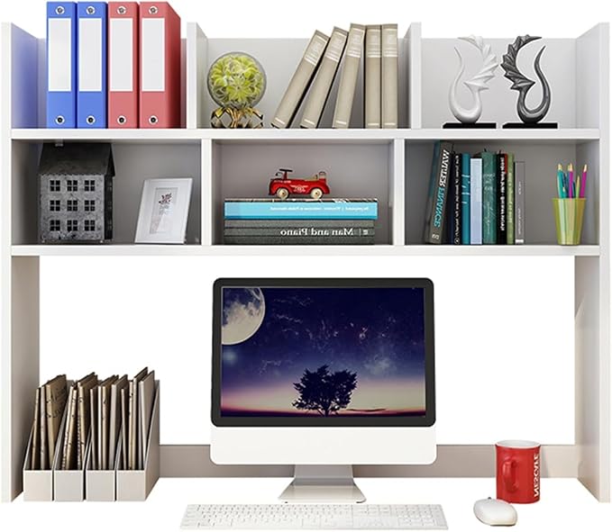 White Desk Hutch for Dorm Room, Over-Desk Organizer Shelf with 6 Cubbies, Desktop Bookshelf Storage Display Rack, Desk Topper Shelf for College Dorm, Home Office