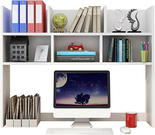 White Desk Hutch for Dorm Room, Over-Desk Organizer Shelf with 6 Cubbies, Desktop Bookshelf Storage Display Rack, Desk Topper Shelf for College Dorm, Home Office