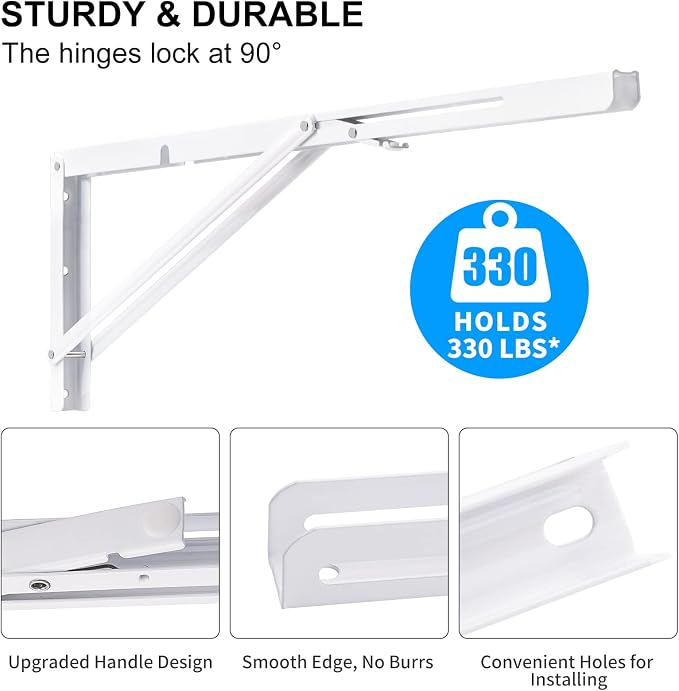 YUMORE 24 Inch Folding Shelf Brackets, Heavy Duty L Bracket, White DIY Collapsible Shelf Bracket for Workbench Folding Table Hinge, Max Load: 330lb, 2 Pack