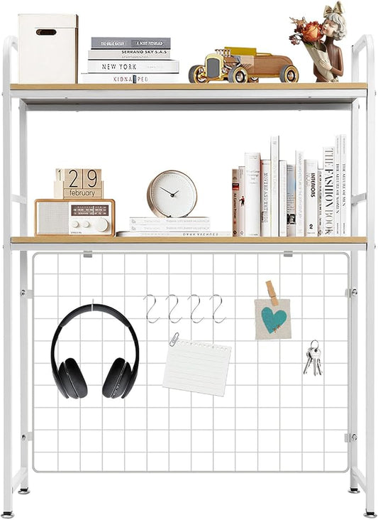 CNCEST 2-Tier Bookcase Countertop Display Shelf Adjustable Wood Rack Organizer for Home Dorm Office Supplies (White-with Grid)