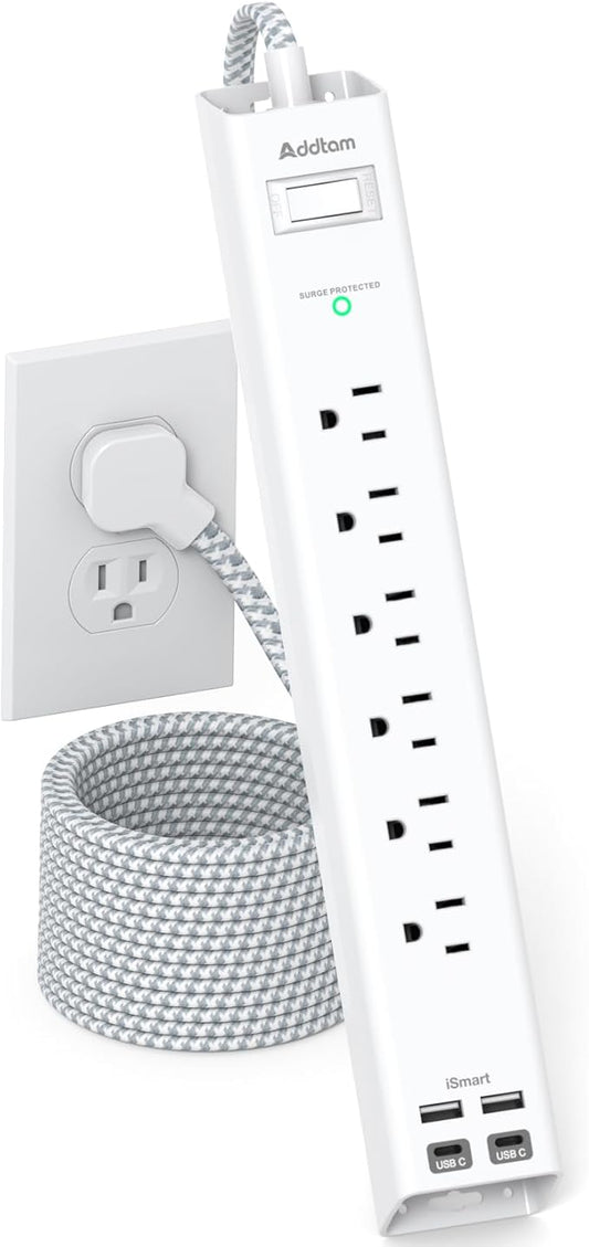 Extension Cord 10 ft - Long Power Strip Surge Protector, 6 AC Outlet 4 USB (2 USB C), Flat Plug, Wall Mount, Multi Plug Outlet Extender Desk Charging Station for Home Office Dorm Room Essentials