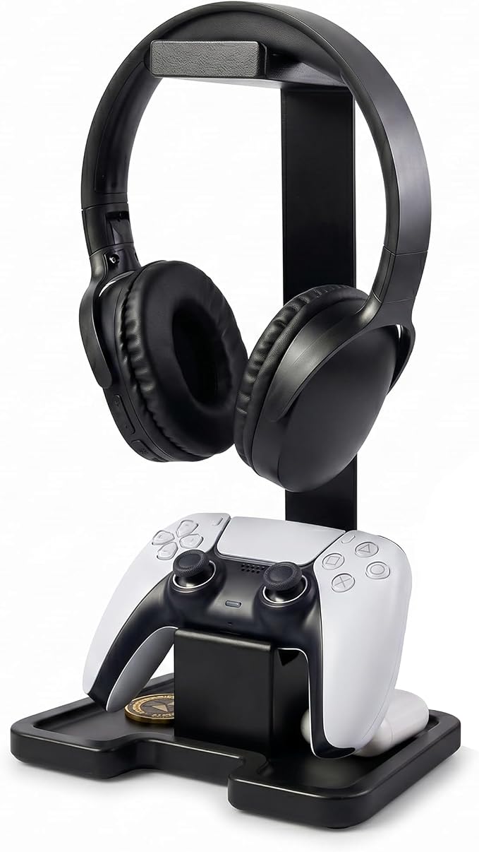 Gaming Accessories Headset Stand with Game Controller Holder & Storage Base, Stylish Gamer Gifts for Men Teenage Boy Headphone Stand, Unique Gifts for Gamers to Organize Gaming Equipment (Black Wood)