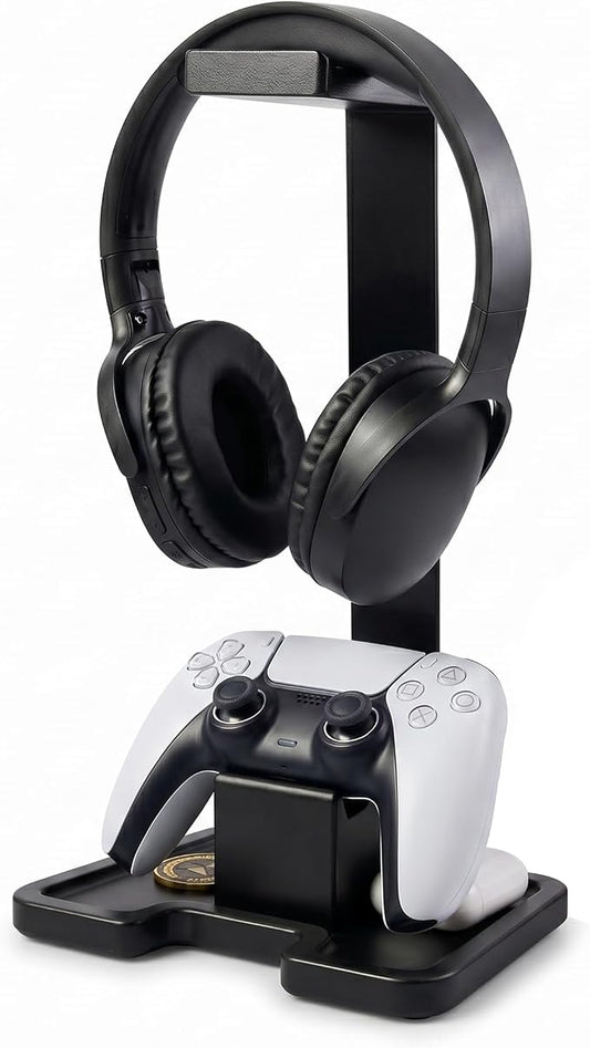 Gaming Accessories Headset Stand with Game Controller Holder & Storage Base, Stylish Gamer Gifts for Men Teenage Boy Headphone Stand, Unique Gifts for Gamers to Organize Gaming Equipment (Black Wood)