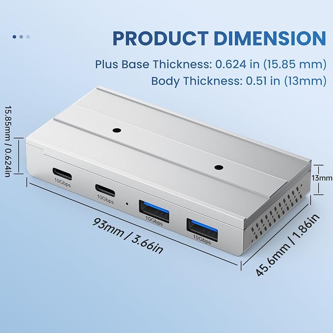 EJAY 10Gbps Magnetic USB-C Hub, 4-Port USB 3.2 Gen2 Desktop Hub with 47" Extra Long Cable, Aluminum USB C Splitter, Under Desk Mount Multi Port USB Hub for MacBook, PC, Surface, SSD, Silver
