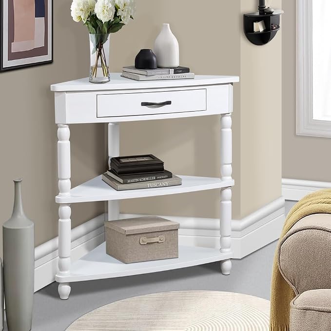 3-Tier Corner Display Rack Small Corner Table Wood Triangle Side Table with Drawer & 2 Open Shelves Multipurpose Shelving Unit for Living Room Bedroom (Milk White)