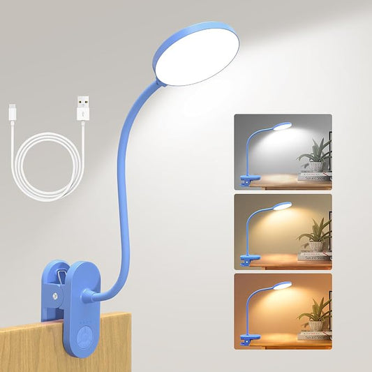 Rechargeable Desk Lamp with Clamp, 97 LED Eye-Care Table Light for Kids Bedroom with 3 Color & 10 Brightness, Cordless Clip on Lamp for Bed Book Reading Crafting Drawing Gaming Puzzle (Blue/4.7'')