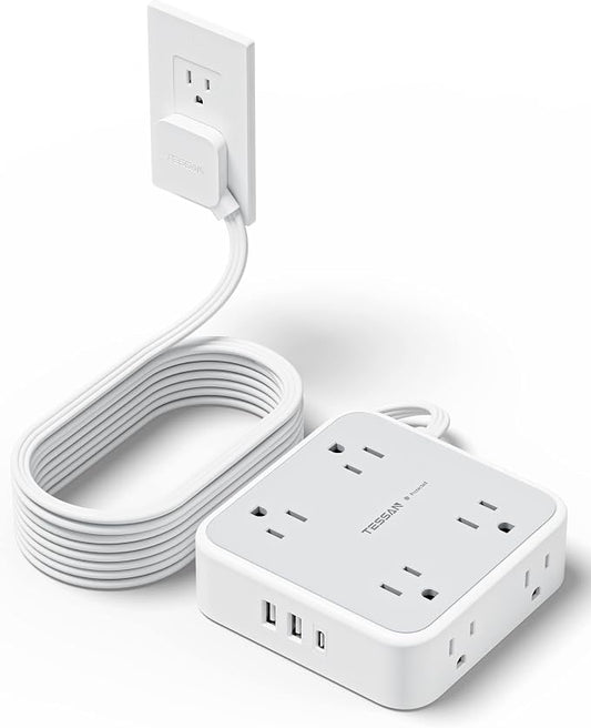 TESSAN Surge Protector Power Strip, 15 Ft Flat Plug Extension Cord with 3 USB (1 USB C) 8 Outlets, 1250W, 900J Protection, 3 Sided Outlet Extender with Power Switch for Office, Dorm Room, Grey
