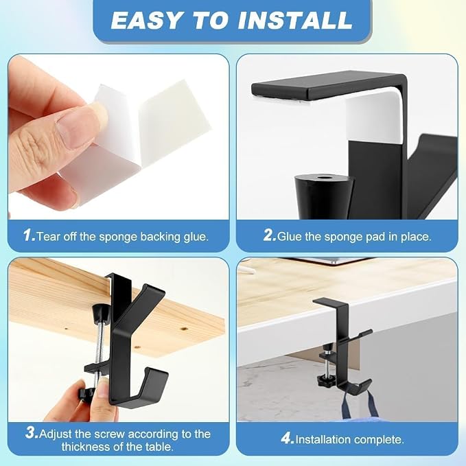 Desk Mount Bag Holder Hook Clamp,On Backpack Hanger Portable Desk Mount Headphones Holder for Reduce Desk Clutter Table Desk Table Hanging Storage (2 Black)