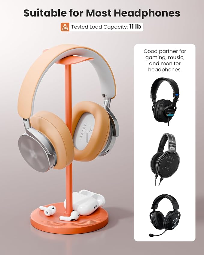 Headphone Stand, Desktop Headset Holder, Orange | Earphone Stand, Gaming Headphone Hanger, Enlarged Headrest Heavy Base, Office Desk Accessories for All Headphones Size