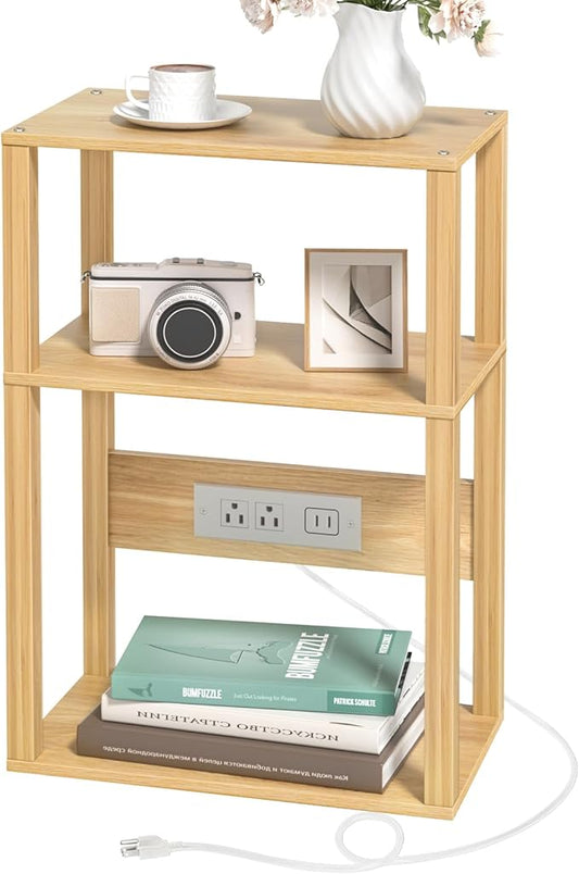 YUFAM Small Narrow Wood Side Table with Charging Station, 3-Tier Slim End Table for Small Space, Skinny Nightstand with Storage for Couch, Thin Bedside Table with USB Ports and Outlets, Natural