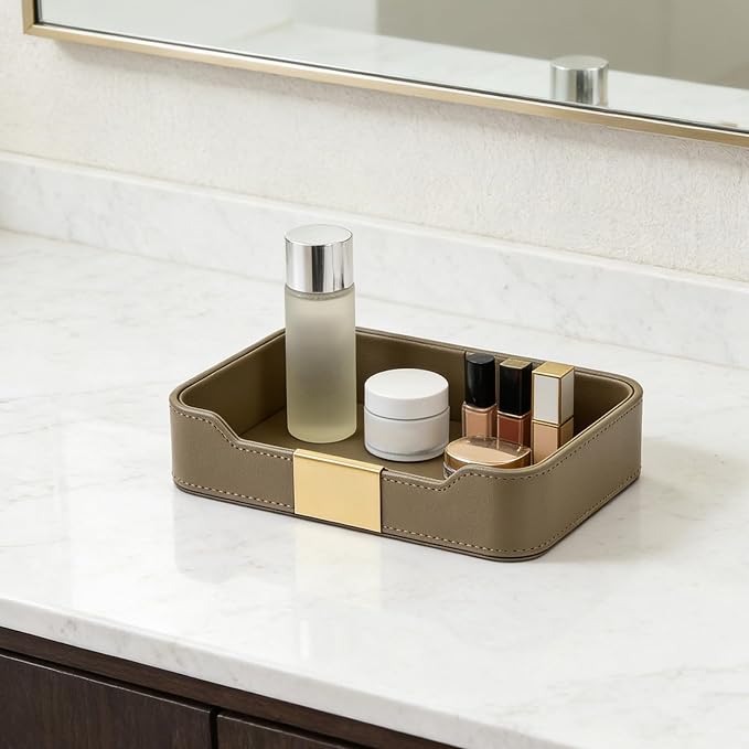 Luxury Leather Valet Tray Desktop Storage Organizer,Bedside Vanity Catchall Tray Nightstand Caddy Holder for Cosmetic,Jewelry,Watch,Keys,Phone,Wallet,Remote Controller,Pen,Olive Green
