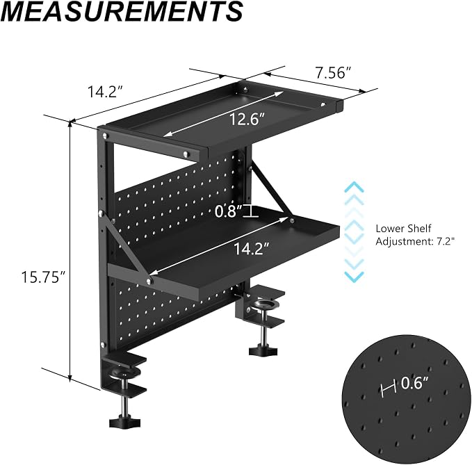 Adjustable 2-Tier Clamp on Desk Shelf with Pegboard, Side Table Extender Shelving Unit for Table Accessories,Desk Storage Shelves Desktop Organizer for Working and Gaming Accessories