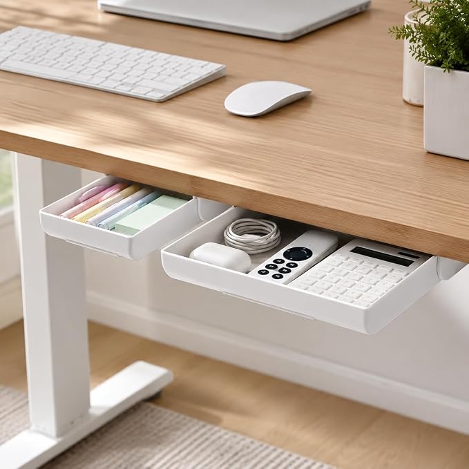 YOOUSOO 2 Pack Under Desk Storage Drawer Organizer, Hidden Slide Out Drawer Attachment, with Self - Adhesive Feature for Desktop and Table Organization, Hidden Under Desk