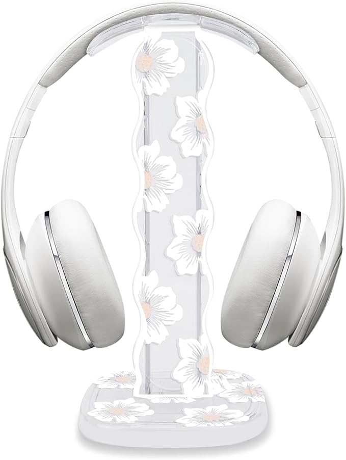 CamyCosy Headphone Stand Gaming Headset Holder for Desk,Unique White Camellia Pattern Clear Earphone Stand Cellphone Stand Desk Accessories for All Headphones Size
