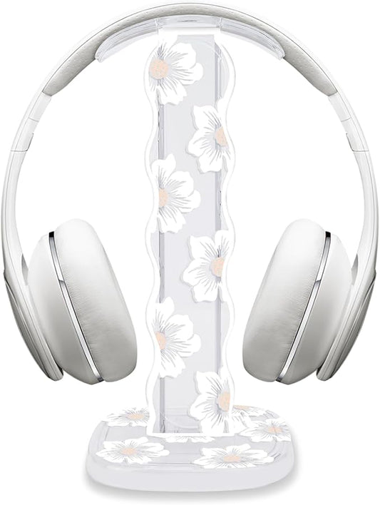 CamyCosy Headphone Stand Gaming Headset Holder for Desk,Unique White Camellia Pattern Clear Earphone Stand Cellphone Stand Desk Accessories for All Headphones Size