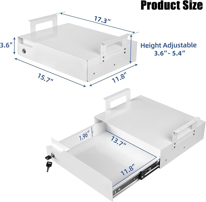 Under Desk Drawer Storage with Lock, Metal Undermount Table Drawer, Ball Bearing Slides Out Tray Organizer for Paper, Pencil, and Laptop 17.3"x11.8"x5.4", White with Adjustable Brackets