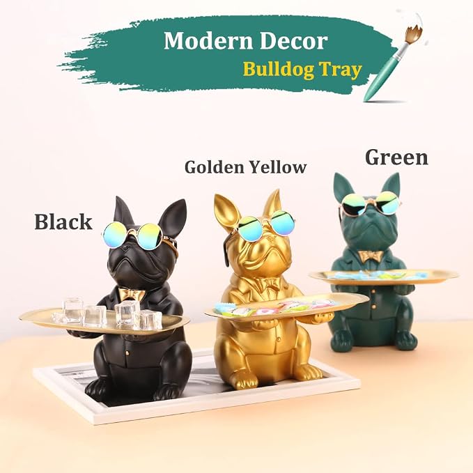 QIANLING Modern Decor Resin Gold Bulldog Tray Statue Tray Storage Key Holder Candy Jewelry Earrings Tray Suitable for Home Decor Modern Art Dining Table Decor Office Small Object Tray (Golden Yellow)