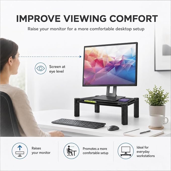 Mount-It! Monitor Stand Riser with Storage, Height Adjustable Desk Shelf for Monitor & Printer, Large 19" Platform, Fits 13–32" Screens up to 22 lbs, Desk Organizer, Black