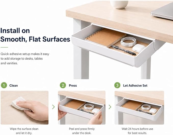 YOOUSOO Under Desk Drawer Organizer, 2 Pack Self Adhesive Slide Out Desk Storage Drawers, Hidden Desk Drawer Attachment for Pens, Notes, Earbuds, Cables and Small Office Accessories, White