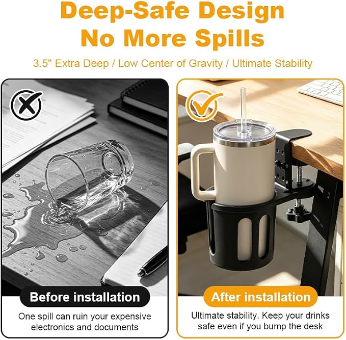 Deep Cup Holder Desk Clamp, Anti-Spill Clip On Table Drink Holder for 40oz Mug & Water Bottle, 3.15" Large Metal Mount Attachment, 360° Rotating Gaming Desk Accessories