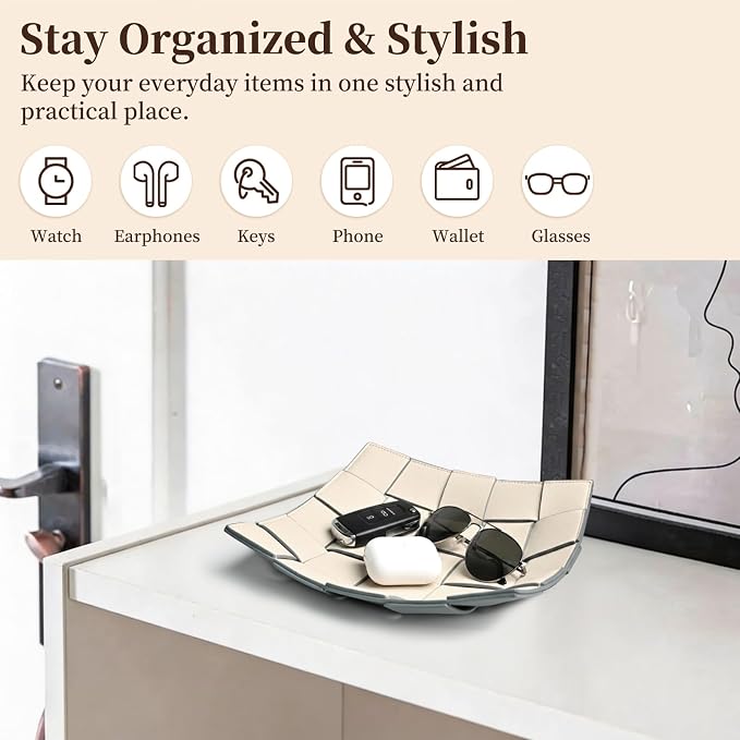 MSJGA Valet Tray PU Leather Key Holder Bowl for Women and Men Entryway Table Nightstand Desk Tray for Wallet, Keys Men's Gift - Beige & Gray, 9.8" L x 9.8" W x 2" H