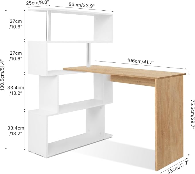 Mondeer 41.7" L Shaped Desk with 4-Tier Storage Shelves, Computer Corner Desk for Study Home Office Living Room (Oak and White)