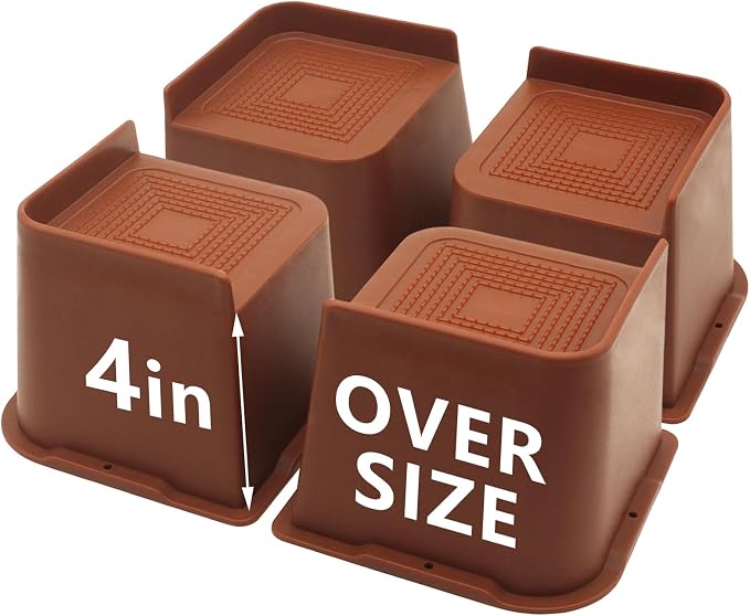 4 Pack Brown Bed Risers 4 inch Heavy Duty, Oversized Furniture Risers, Bed Lifts Risers for Table, Sofa, Chair, Couch, Desk, Bed Frame Risers Supports Up to 6,500 Lbs
