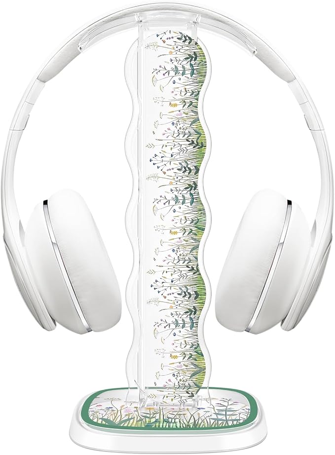 CamyCosy Clear Headphone Stand Gaming Headset Holder for Desk,Wild Flowers Garden Pattern Earphone Stand Cellphone Stand Desk Accessories for All Headphones Size