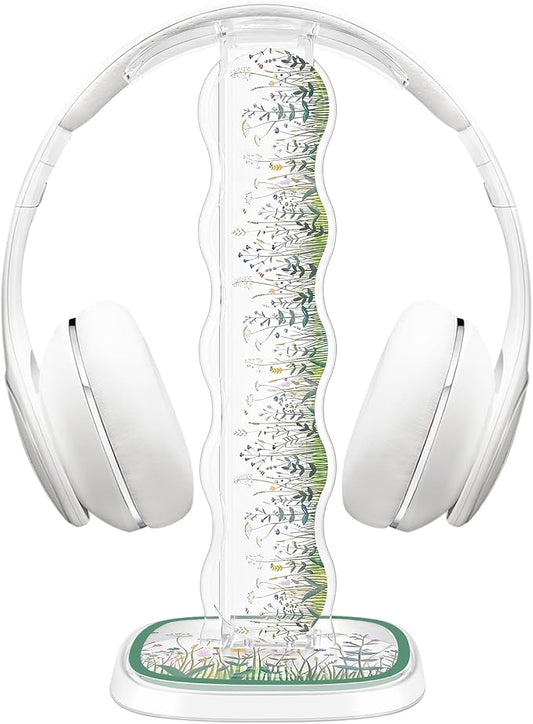 CamyCosy Clear Headphone Stand Gaming Headset Holder for Desk,Wild Flowers Garden Pattern Earphone Stand Cellphone Stand Desk Accessories for All Headphones Size