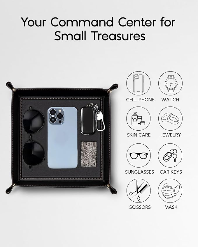 VLANDO Valet Tray Organizer, PU Leather Catchall Tray for Men | Classic valet tray for men with space for keys, wallet, watch, phone, coins and EDC accessories on desk or dresser