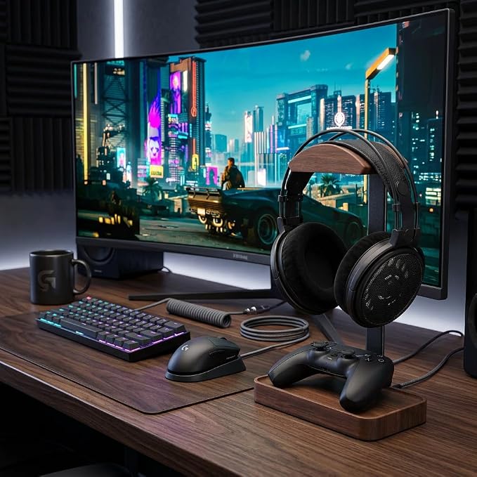 Walnut Headphone Stand - Solid Wood Universal Headset Holder, Premium Desktop Accessory for Gaming, Office & Streaming (Walnut Rectangular Base)