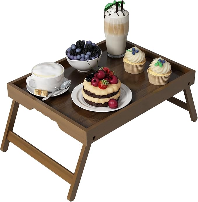 Artmalle Bed Tray Table Folding Legs with Handles Groove Breakfast Food Tray for Sofa, Bed, Eating, Drawing, Platters Serving Lap Desk Snack Tray (Brown Medium)