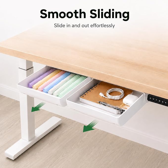 YOOUSOO Under Desk Drawer Organizer, 2 Pack Self Adhesive Slide Out Desk Storage Drawers, Hidden Desk Drawer Attachment for Pens, Notes, Earbuds, Cables and Small Office Accessories, White